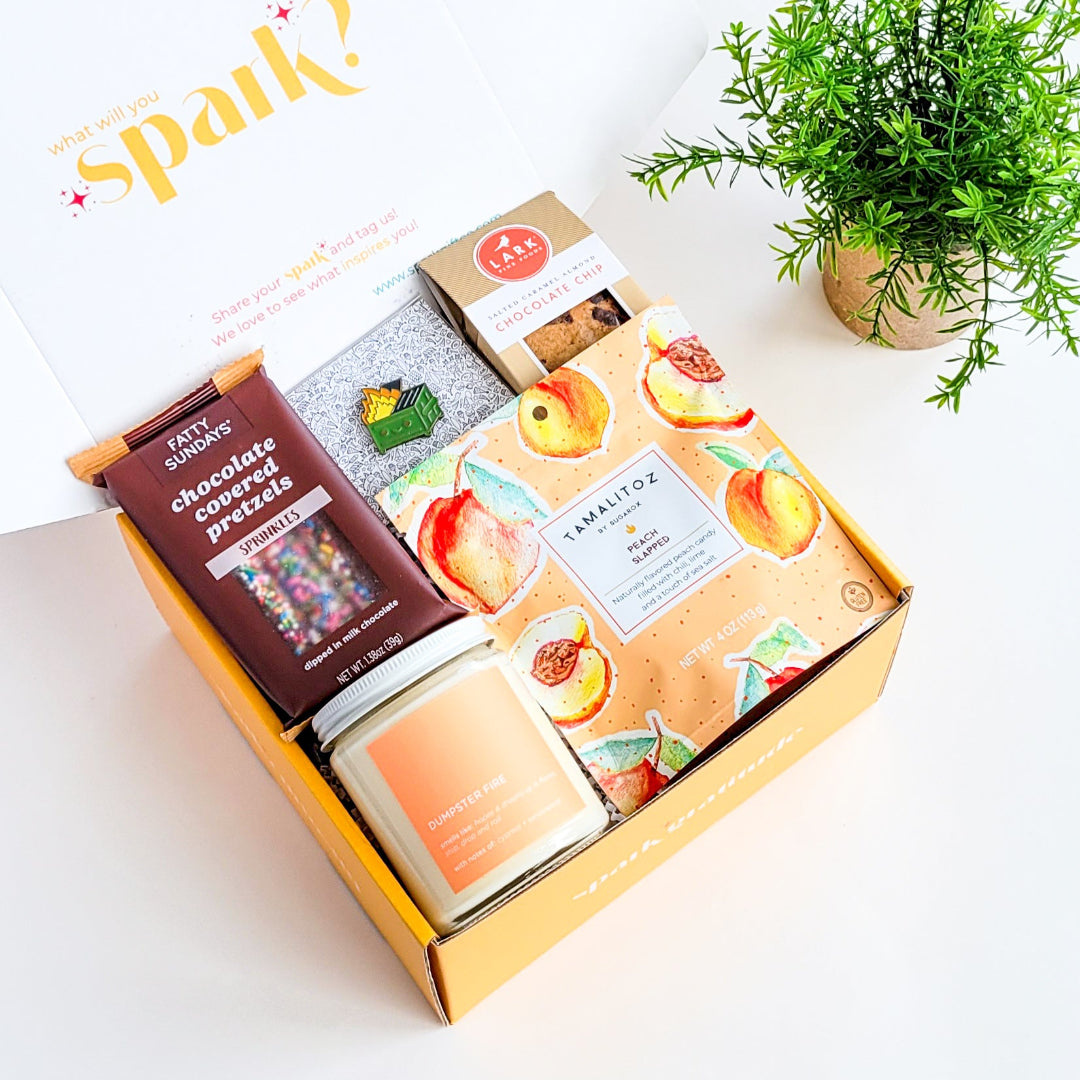 Burn It Down Gift Box – A snarky, dark-humor gift set featuring a Dumpster Fire candle, lapel pin, and sweet treats. The perfect way to cope with life’s chaos, bad days, and the state of the world.