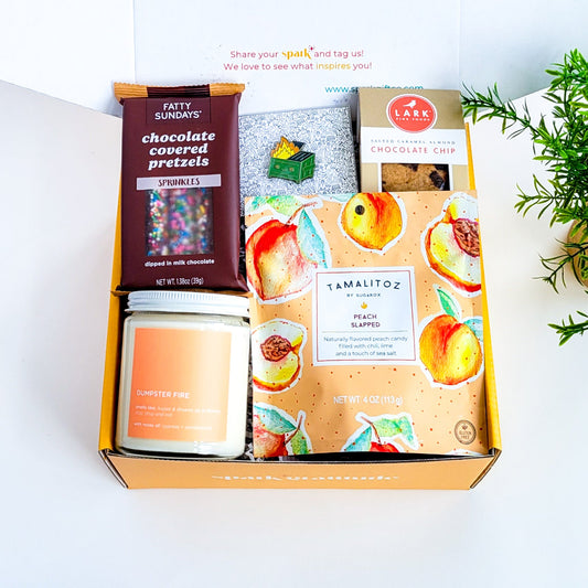 Burn It Down Gift Box – A snarky, dark-humor gift set featuring a Dumpster Fire candle, lapel pin, and sweet treats. The perfect way to cope with life’s chaos, bad days, and the state of the world.