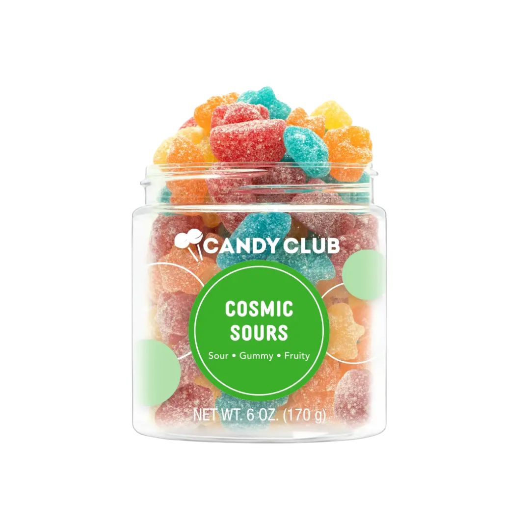 Cosmic Sours – Neon-colored, sweet & sour gummy candy shaped like stars and moons. Perfect for space lovers & party treats!