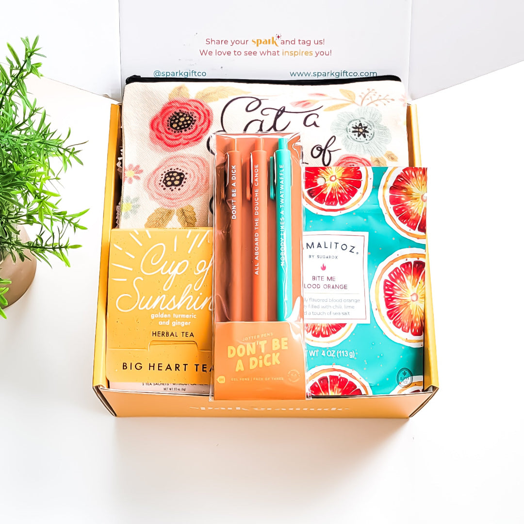 "Don't Be..." Gift Box – A sassy and hilarious gift featuring a cheeky canvas bag, snarky jotter pens, citrusy tea, and tangy peach candy. Perfect for playful pranks and bold personalities.