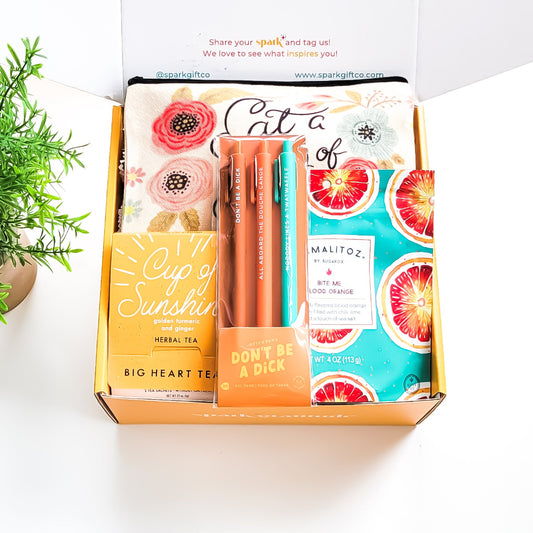 "Don't Be..." Gift Box – A sassy and hilarious gift featuring a cheeky canvas bag, snarky jotter pens, citrusy tea, and tangy peach candy. Perfect for playful pranks and bold personalities.