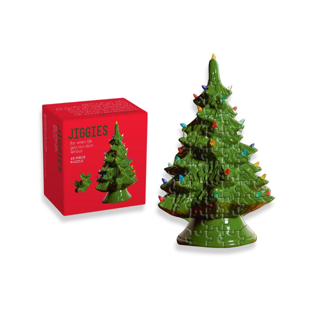 Jiggies Christmas Tree Puzzle β A festive 43-piece mini puzzle shaped like a vintage ceramic Christmas tree. Perfect for holiday gifting & stocking stuffers.