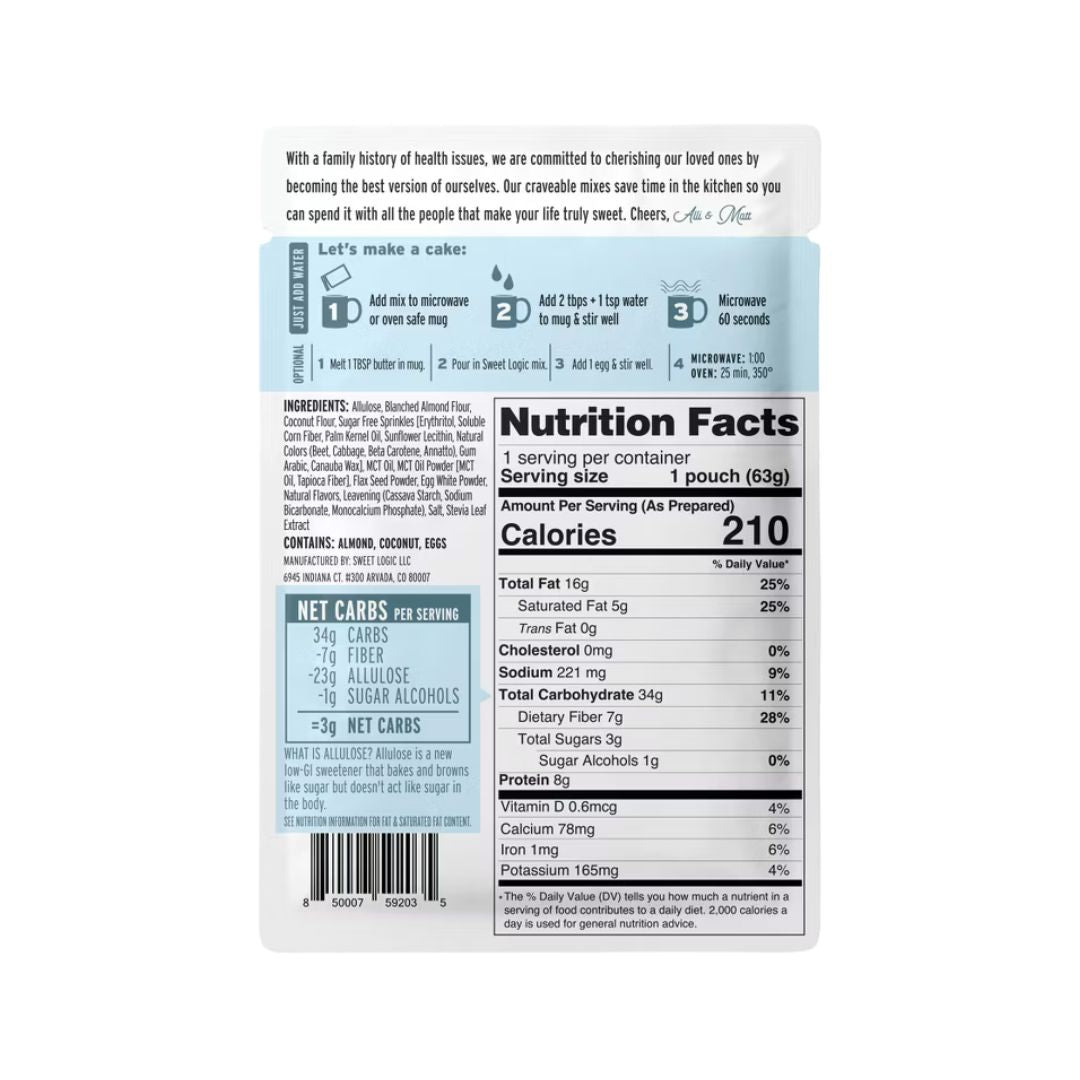 Sweet Logic Confetti Mug Cake – A keto-friendly, gluten-free vanilla mug cake with sugar-free sprinkles, ready in minutes.