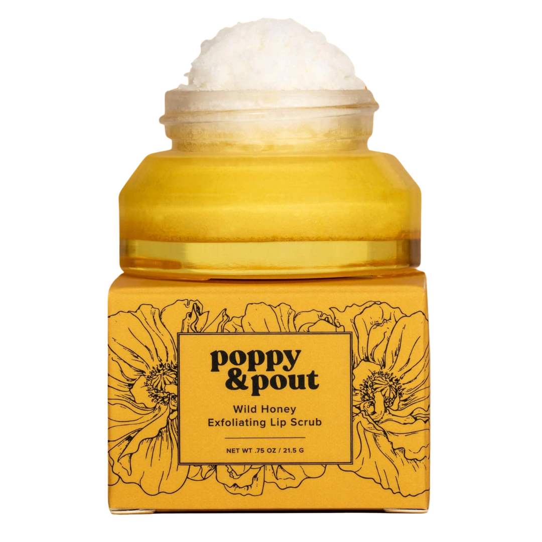 Poppy & Pout Wild Honey Lip Scrub in a yellow, glass, recyclable jar. A 100% natural, eco-friendly lip exfoliator with a sweet honey scent for soft, smooth lips.