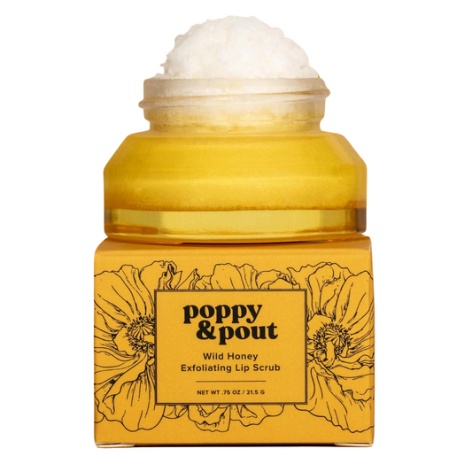 Poppy & Pout Wild Honey Lip Scrub in a yellow, glass, recyclable jar. A 100% natural, eco-friendly lip exfoliator with a sweet honey scent for soft, smooth lips.