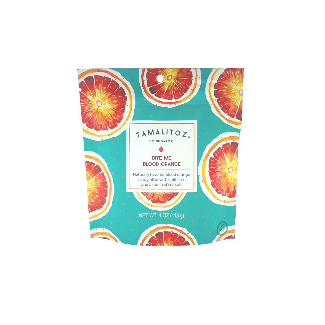 Bite Me Blood Orange Tamalitoz – A handcrafted sweet & spicy ribbon candy featuring blood orange flavor with a chili-lime sea salt kick. Gluten-free & naturally colored.