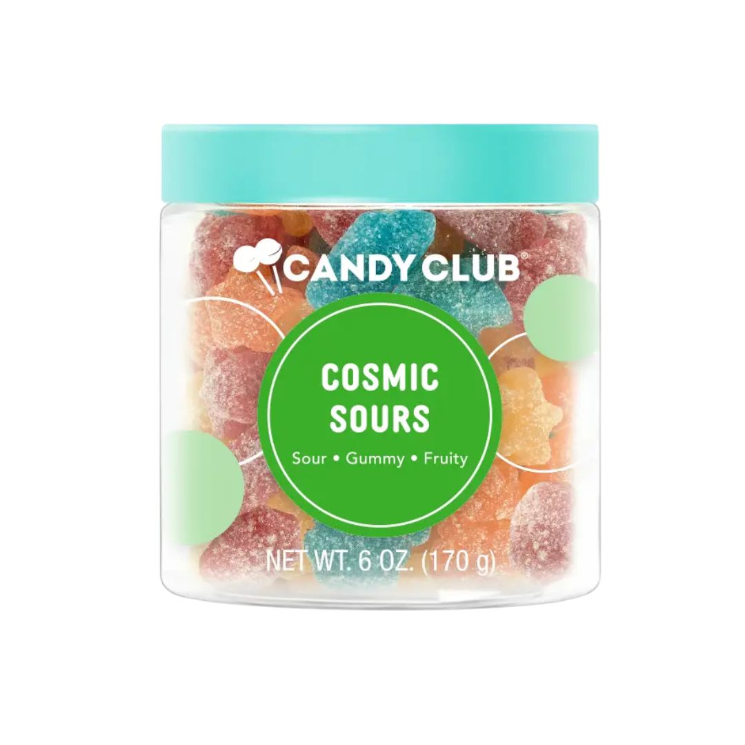 Cosmic Sours – Neon-colored, sweet & sour gummy candy shaped like stars and moons. Perfect for space lovers & party treats!
