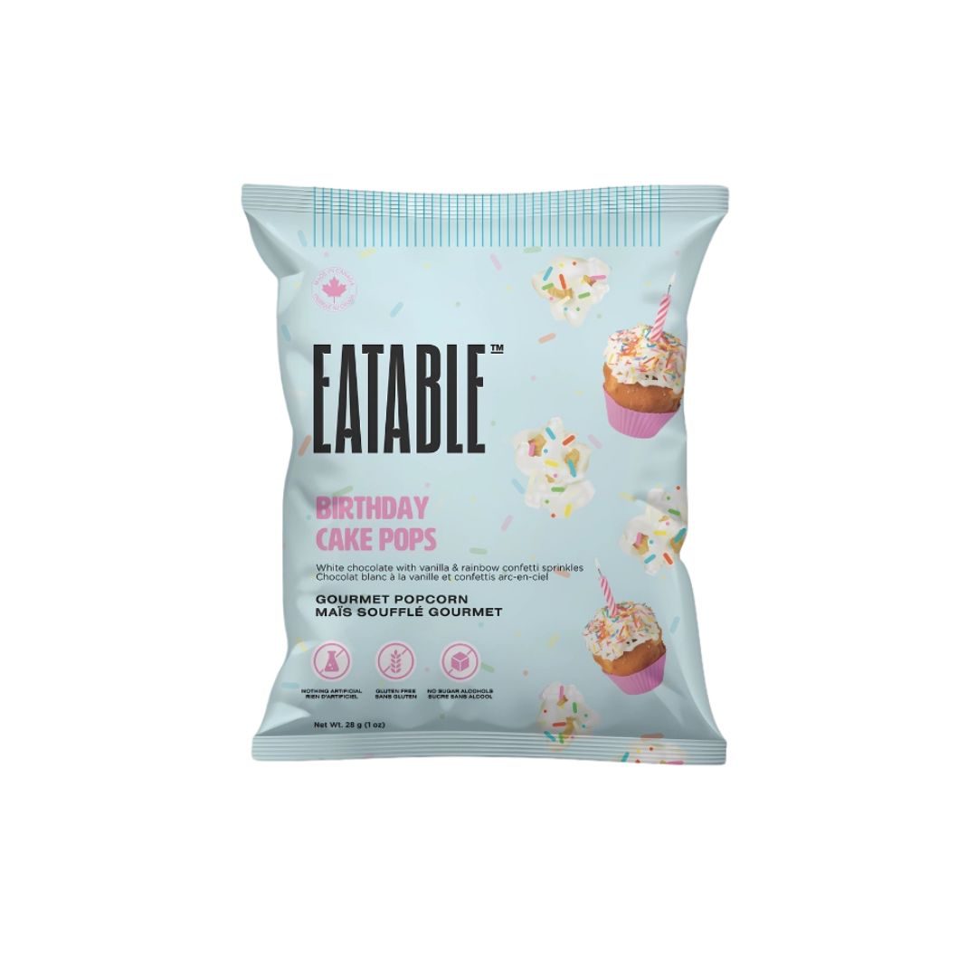 Eatable Birthday Cake Pop Flavored Popcorn – A gourmet, gluten-free popcorn coated in white chocolate & rainbow sprinkles. A perfect birthday treat!

