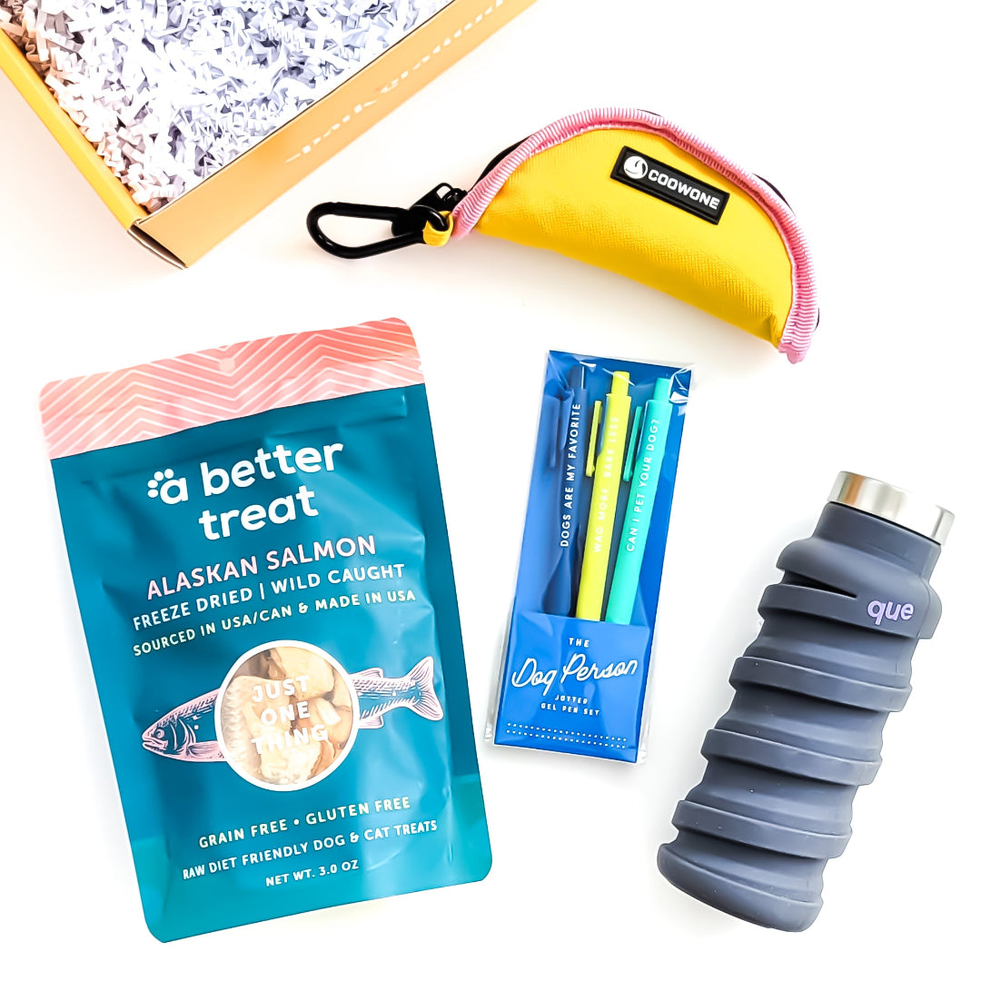 Friends Fur-Ever Dog Gift Box with Alaska salmon treats, collapsible travel bowl, jotter pen set, and a collapsible water bottle—perfect for dog lovers and their furry companions.