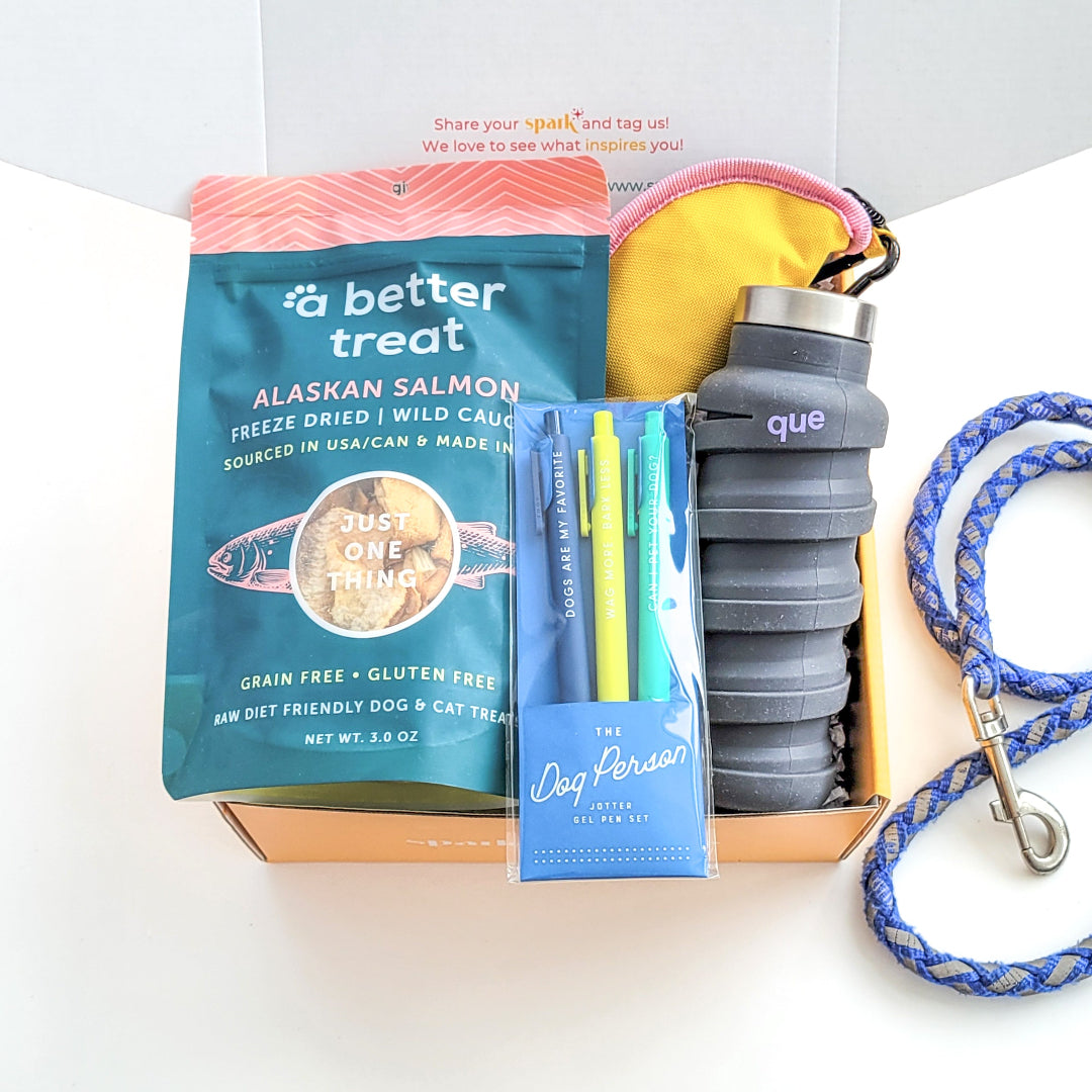 Friends Fur-Ever Dog Gift Box with Alaska salmon treats, collapsible travel bowl, jotter pen set, and a collapsible water bottle—perfect for dog lovers and their furry companions.