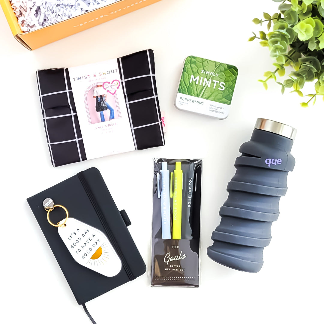 #Goals Gift Box with a black notebook, jotter pen set, collapsible water bottle, packable reusable bag, mints, and a motivational key ring—perfect for new hires, interns, and recent grads.