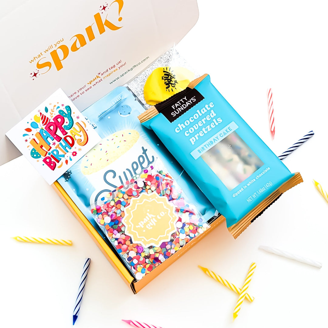 Happy Birthday Gift Box with confetti mug cake, birthday chocolate-covered pretzels, and a festive balloon—perfect for birthday surprises.