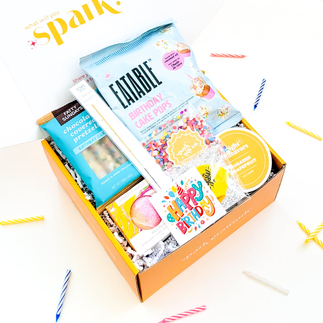 It’s Your Birthday Gift Box with birthday popcorn, chocolate-covered pretzels, a celebratory balloon, and confetti for a fun and festive celebration.