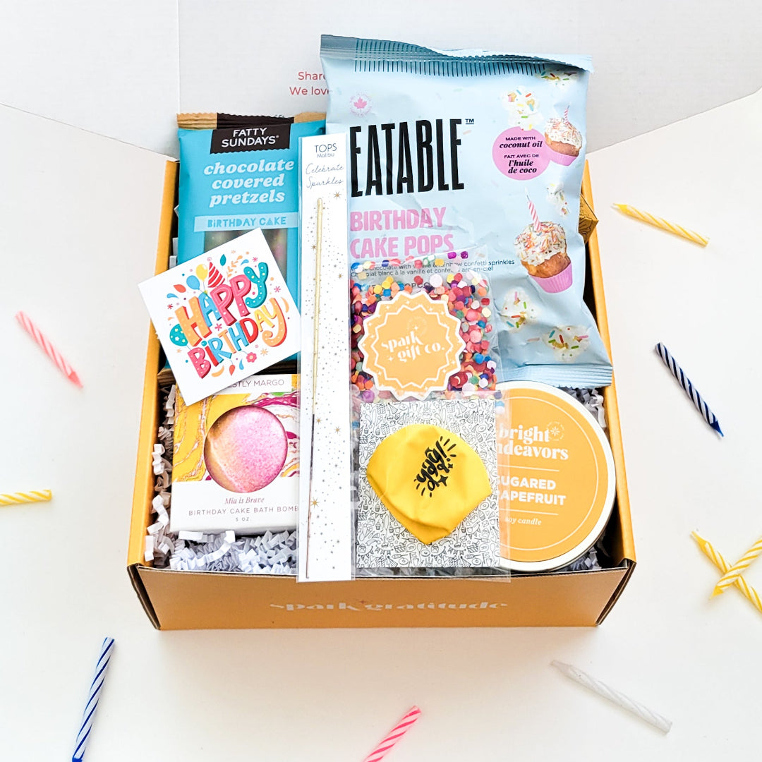 It’s Your Birthday Gift Box with birthday popcorn, chocolate-covered pretzels, a celebratory balloon, and confetti for a fun and festive celebration.