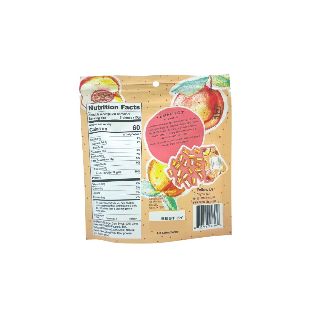 Peach Slapped Tamalitoz – A handcrafted sweet & spicy ribbon candy with juicy peach flavor and a bold chili-lime kick. Gluten-free, allergen-free & naturally colored.