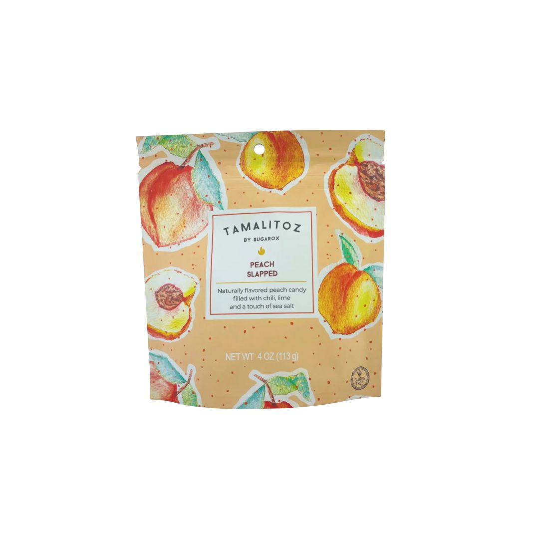 Peach Slapped Tamalitoz – A handcrafted sweet & spicy ribbon candy with juicy peach flavor and a bold chili-lime kick. Gluten-free, allergen-free & naturally colored.