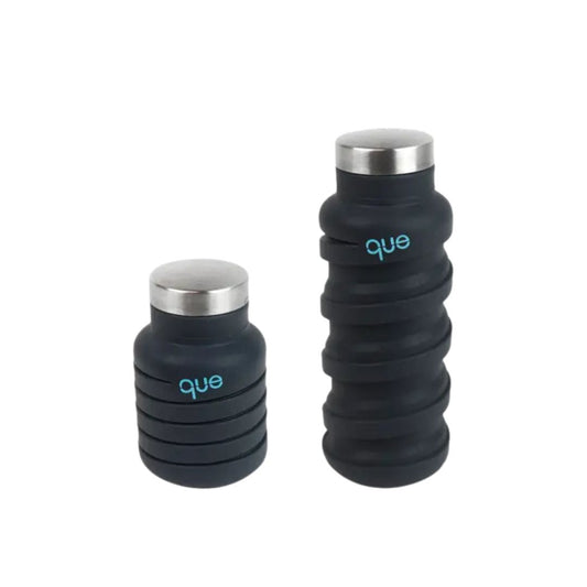 Que Factory Collapsible Bottle in Black – A stylish, BPA-free, collapsible silicone water bottle with a stainless steel cap. Leakproof, durable, and perfect for travel.