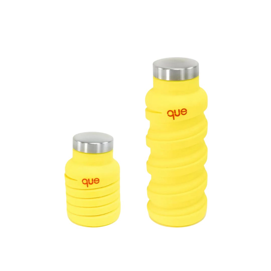 Que Factory Collapsible Bottle – A compact, eco-friendly, BPA-free silicone water bottle with a stainless steel cap. Leakproof, travel-friendly, and collapses for easy storage.